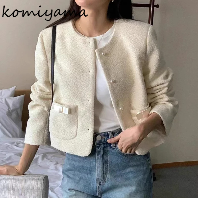 Patchwork Bow Women 2025 Outerwears Pearl Single Breasted Chaquetas Mujer Korean Sweet Jacket Full Sleeve Jackets Pockets Ropa