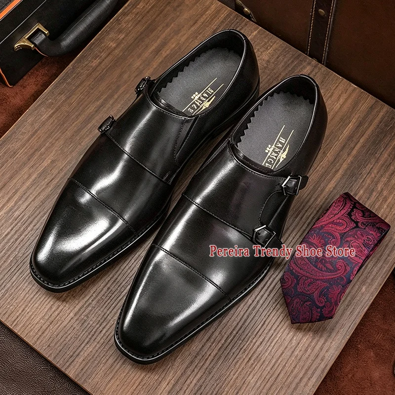 Classic Men's Business Dress Shoes British Style Double Buckle Pointy Toe Low Heel Loafers Fashion Party Wedding Dress Shoes