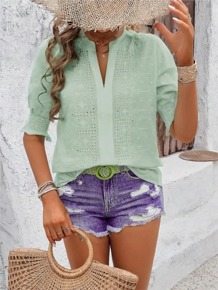 여성용 패션 화이트 셔츠 캐주얼 V넥 홀터넥 러플 풀오버 셔츠 탑 여성 우아한 휴가 여성 의류 여름