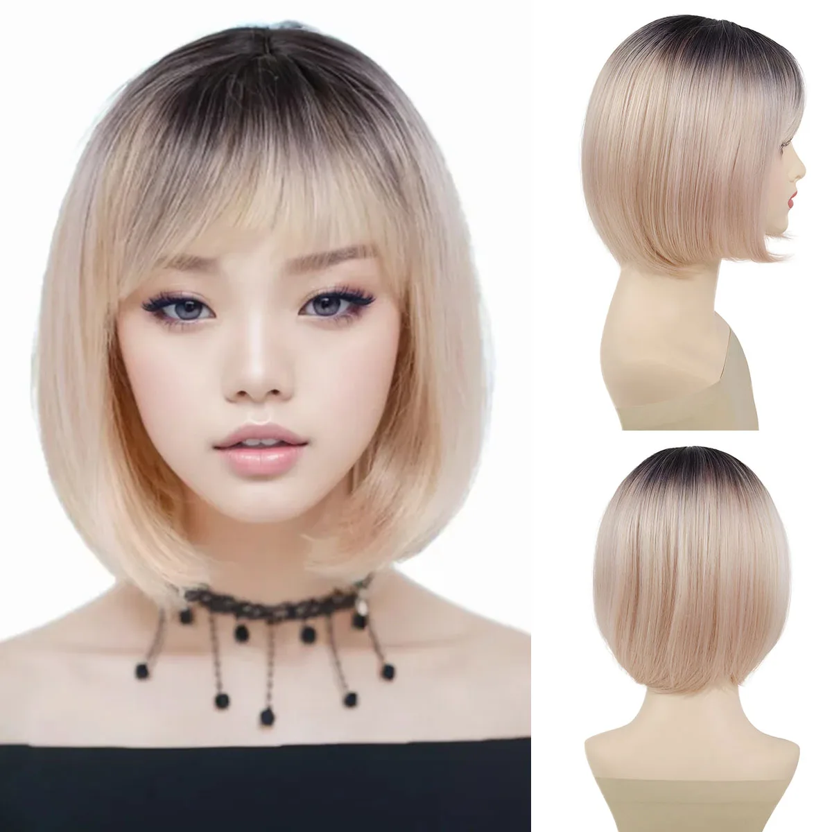 GNIMEGIL Synthetic Dark Rooot Ombre Pink Wig for Women Natural Straight Wig with Bangs Cosplay Lolita Clearance Sale Cheap Wig