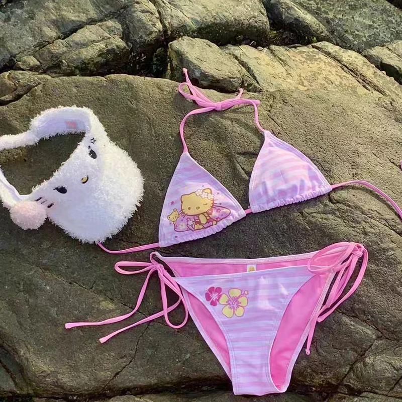 Summer Cute Y2K Hello Kittys Girls Split Strap Swimsuit Women Beach Vacation Sexy Bikini Set Fashion Thongs Bathing Suit Soft
