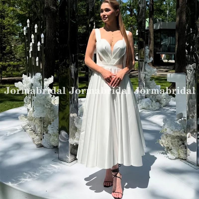 

Satin A-Line Short Bridal Gown for Women Customized Ruched V-Neck Double Straps Tea Length Wedding Dress Engagement Party Dress