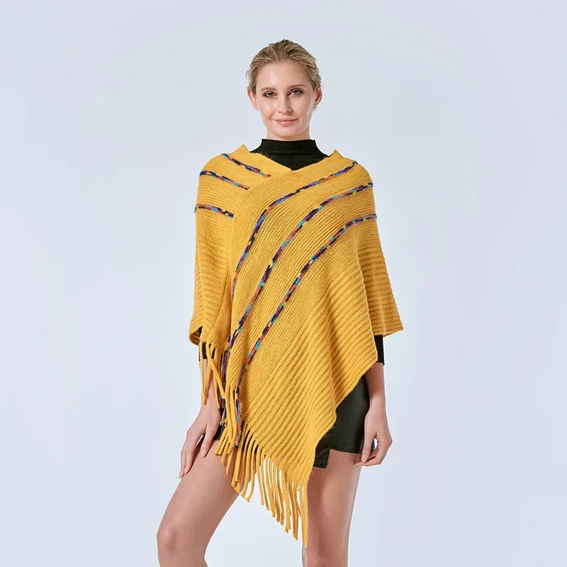 Spring Autumn New European American Tassel Color Stripe Fashion Pullover Lady Knitted Cloak Shawl Color Three Pole Yellow