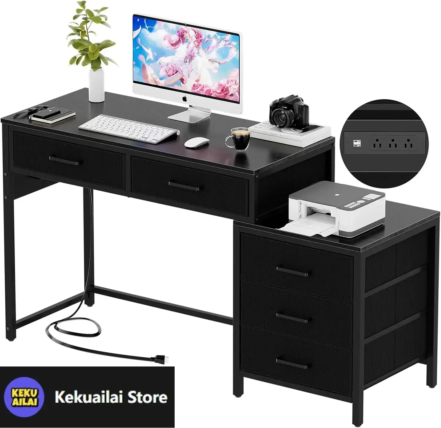 

Reversible Computer Desk with 5 Drawers, Sturdy Office Desk with Power Outlets and USB Ports, Corner Writing Table with File