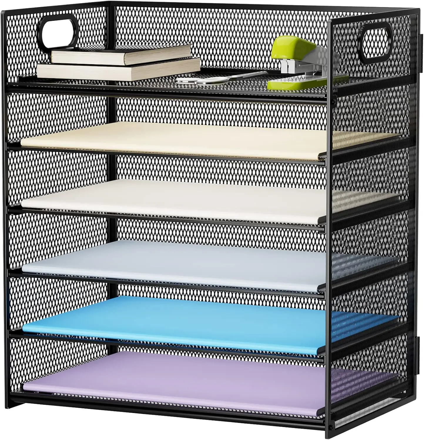 6 Tier Mesh Paper Organizer Letter Tray with Handle, Desktop File Sorter for Letter & A4 Documents, Black