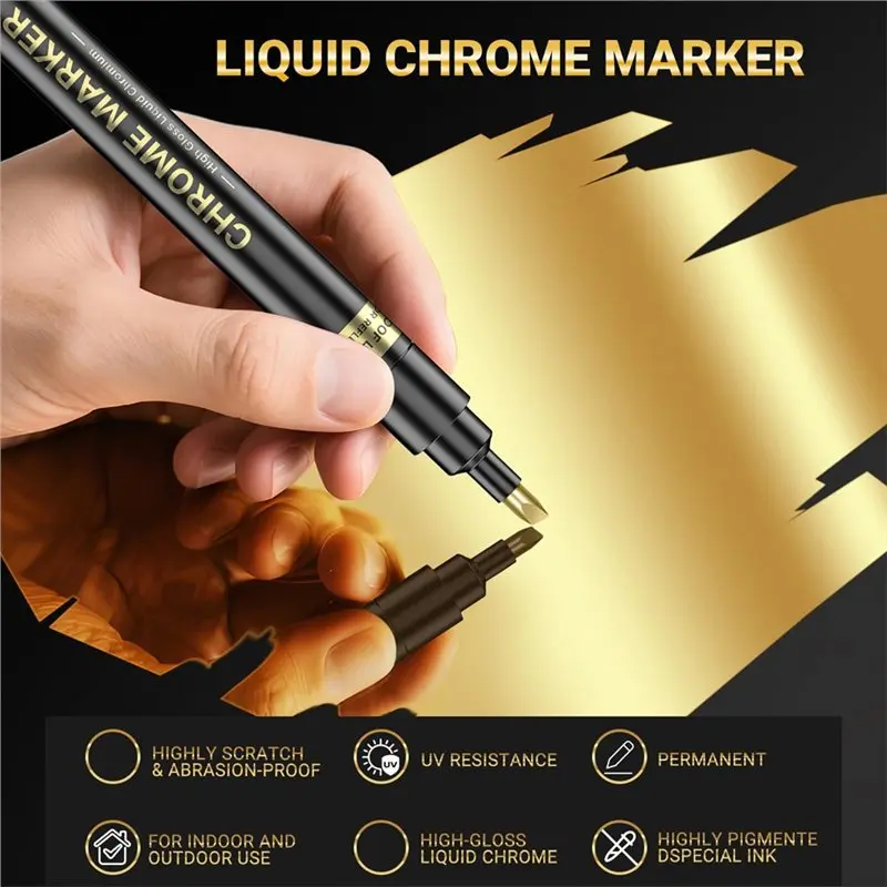 N35R-Chrome Markers 3 Pack, Permanent Reflective Metallic Paint Pen, High Gloss Liquid Mirror Car DIY Model Painting Tool