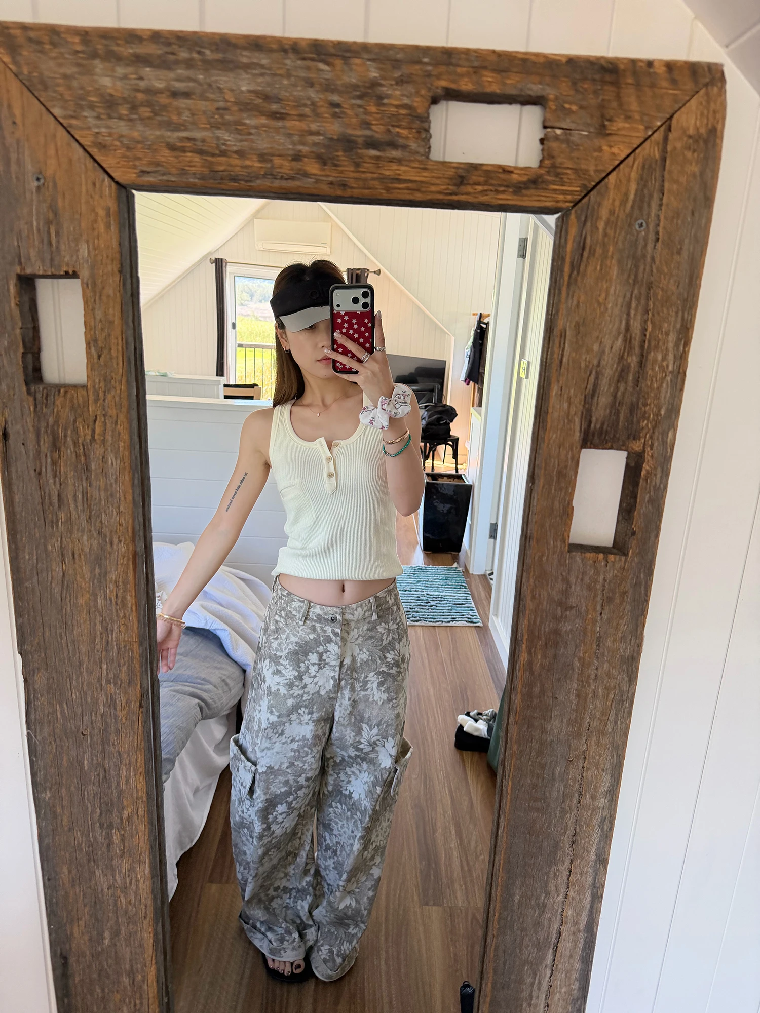 LelyMooch Spring Summer Khaki Maple Leaf Gradient Print Wide Leg Pants Workwear Style Slimming Long Trousers Casual Cotton
