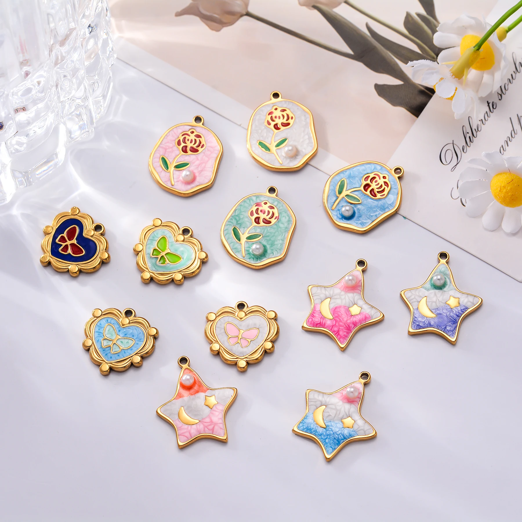 

6Pcs/lot Enamel Cherry Butterfly Star Flower Charms For Women Stainless Steel Jewelry Making DIY Necklace Bracelet Accessories