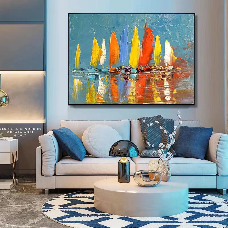 Custom Color Sailing Living Room Background Wall Hanging Painting Abstract Oil Painting Blue Canvas Painting Thick Texture