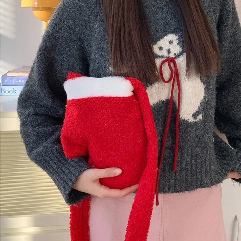 

New Year Christmas Shoulder Bag Large Capacity Irregular Red Plush Bag Gifts Party Props Glove Crossbody Bag
