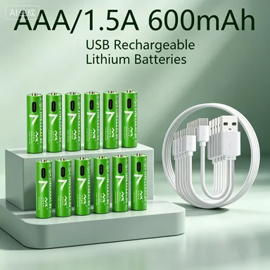 1.5V AAA Lithium Rechargeable Battery 600mAh Fast Charge with Type-C Cable for Remote Control Flashlight MP3 Alarm Clock