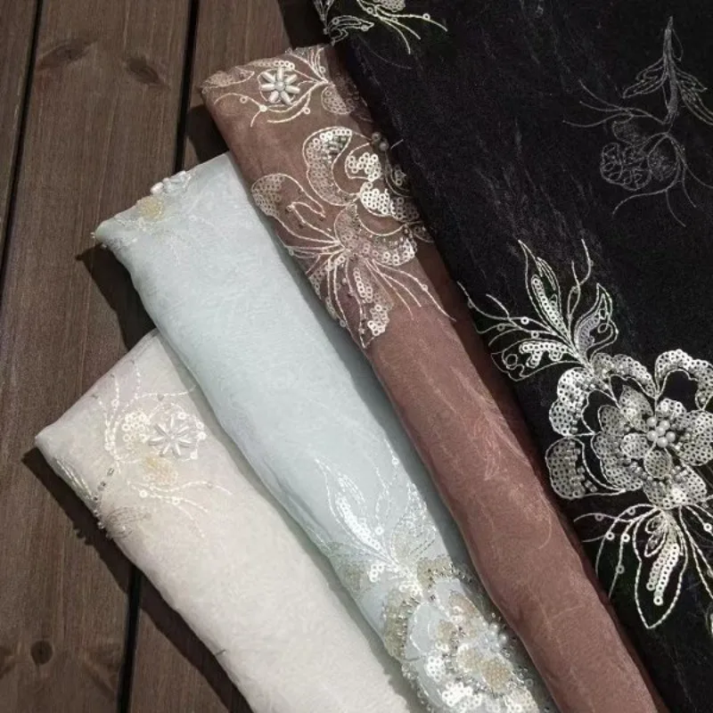 Embroidered Tulle Lace Trim Fabric Vibrant Peach Blossom Beaded Embroidery Sheer Soft Hanfu Skirt Dress Summer DIY Sewing