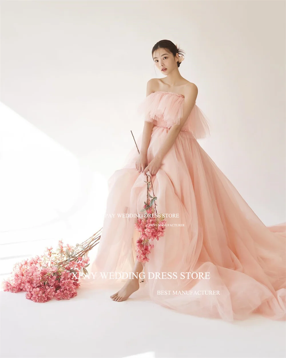 XPAY Strapless Blush Pink Long Korea Evening Dresses Ruffles Wedding Photos shoot  Prom Gowns Formal Party Dress Corset Backless