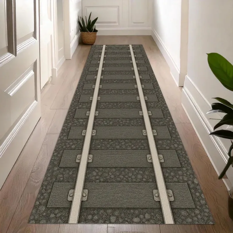 Railway Track Pattern Train Tracks Runner Rug Track Printing Carpeted Porch Entrance Children's Climbing Mats Home Decor