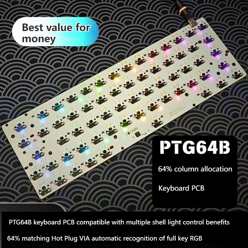 

PTG64A Keyboard PCB Custom Three-mode Hot-swap Left-shift 64RGB Bottom Light Keyboard Accessories for GH60 Mechanical Keyboard