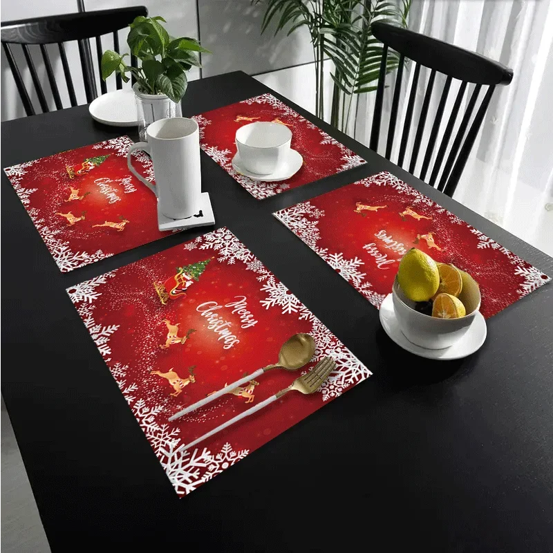 

Рождественские льняные салфетки 4/6 шт. — дизайн Санта-Клауса и оленя, нескользящие, термостойкие для праздничной столовой, только для ручной стирки