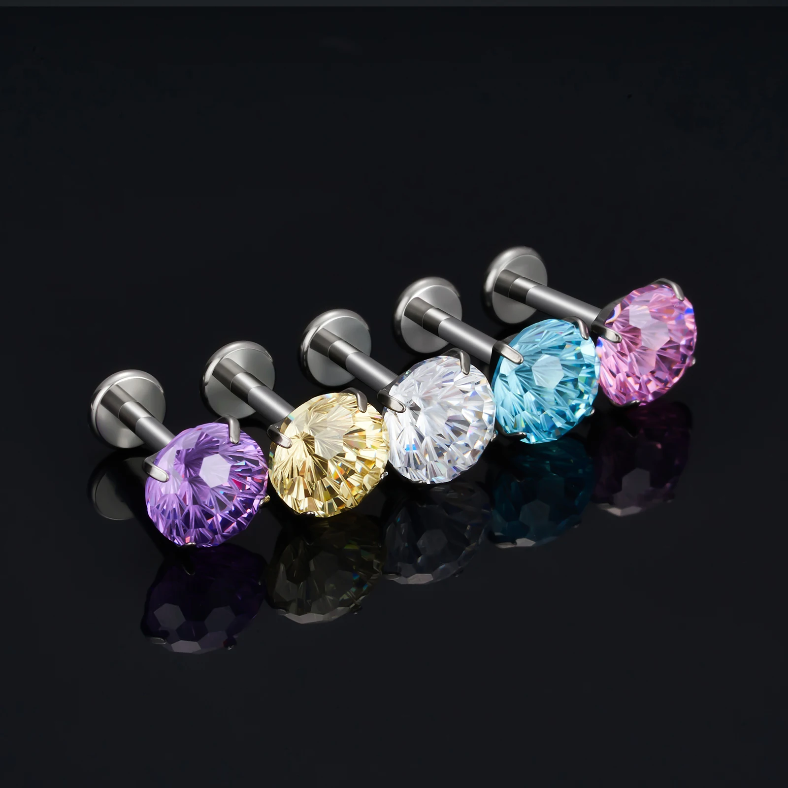 F136 Titanium Piercing Ear Lip Studs Fireworks Zircon CZ Top Labret Nose Stud Cartilage Tragus Threaded Earrings Body Jewelry