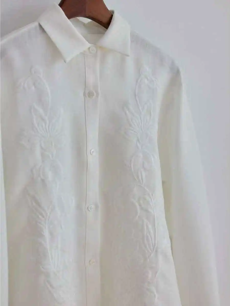 Largo largo Sve cuello bordado mujer irt primavera otoño blanco Casual Faion coreano Sle mezcla de poliéster