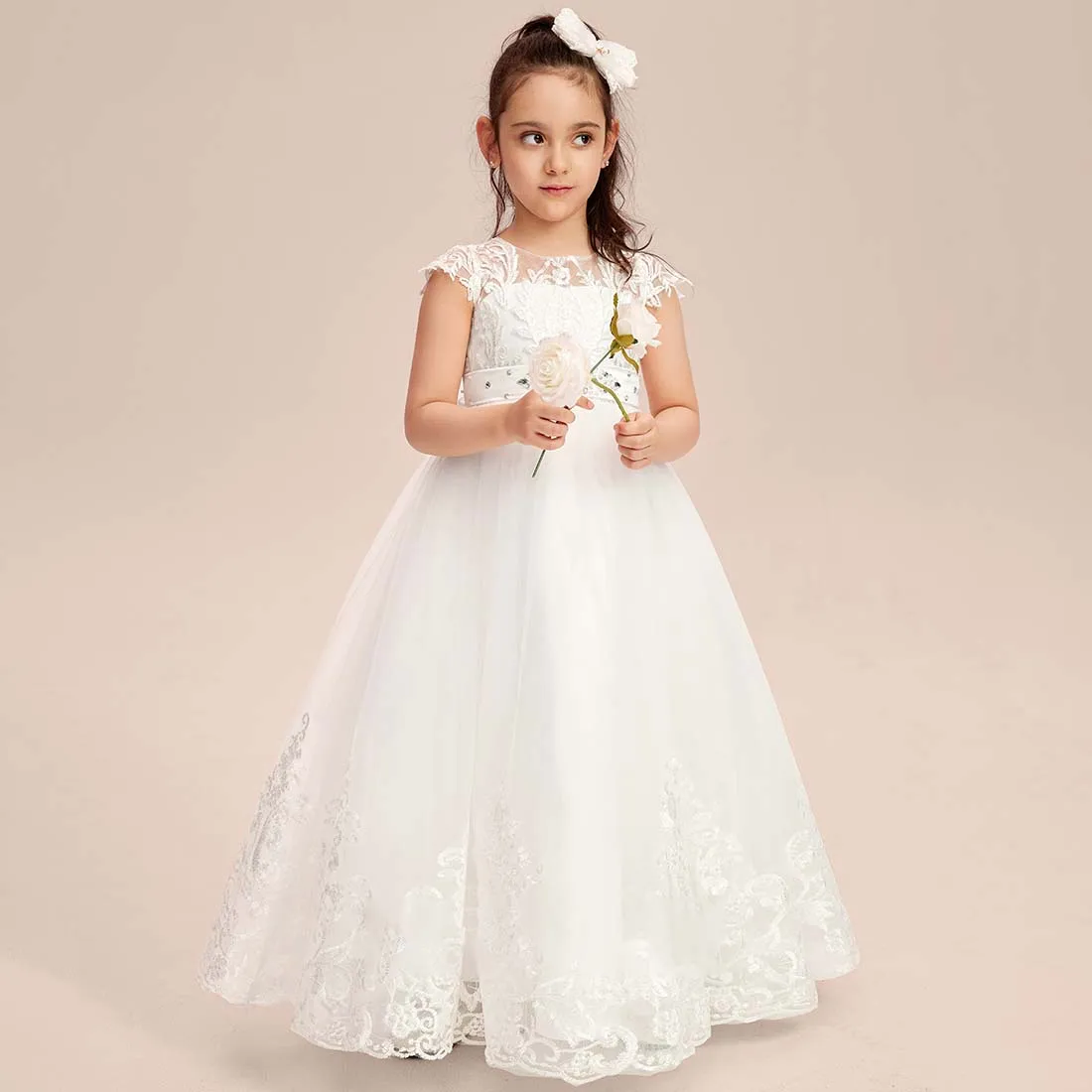 YZYmanualroom vestido de tul de encaje para niña de las flores, línea A, largo hasta el suelo, 2-15T