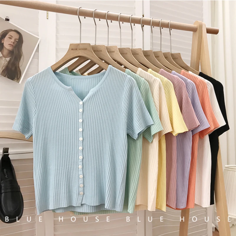 

Women Summer Korean Fashion Slim Ice Shreds V-neck Short Sleeve Knitwear Ladies Casual All-match Solid Color Knitting Top Tee