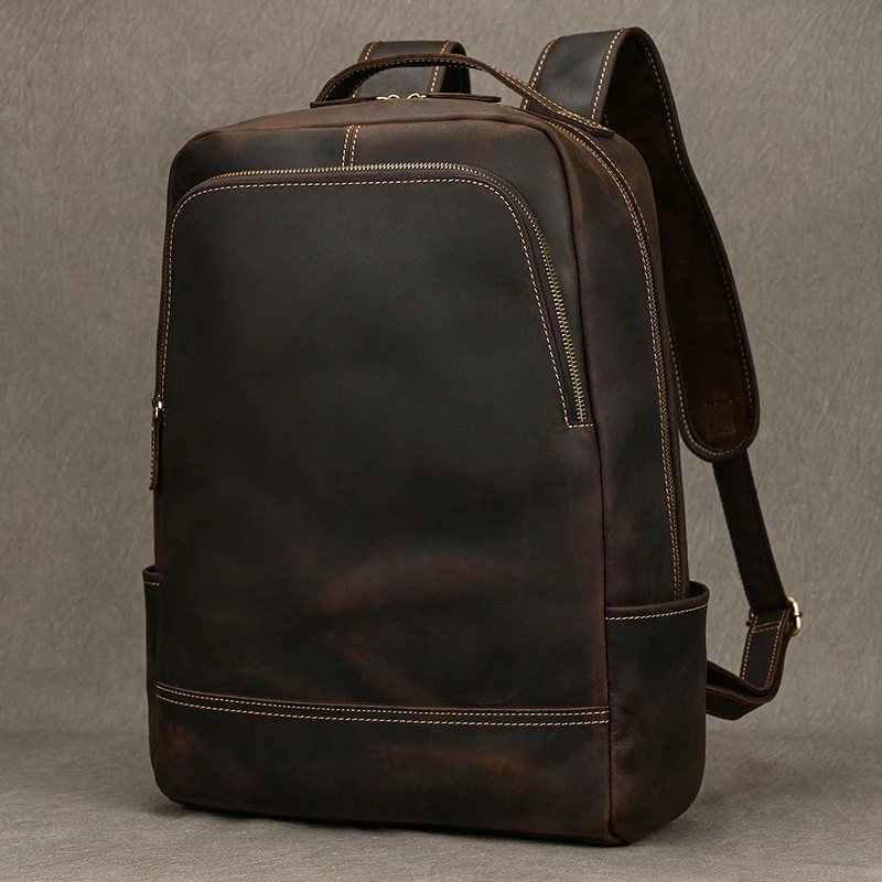 Mochila de cuero para hombre, bolsa para ordenador portátil de 2023 pulgadas, de viaje, estilo vintage, para negocios, novedad de 15,6
