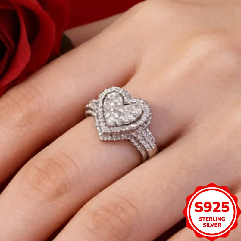 

Exquisite and Luxurious Genuine S925 Silver Heart-shaped Full Diamond Women's Wedding Ring, Gorgeous and Elegant