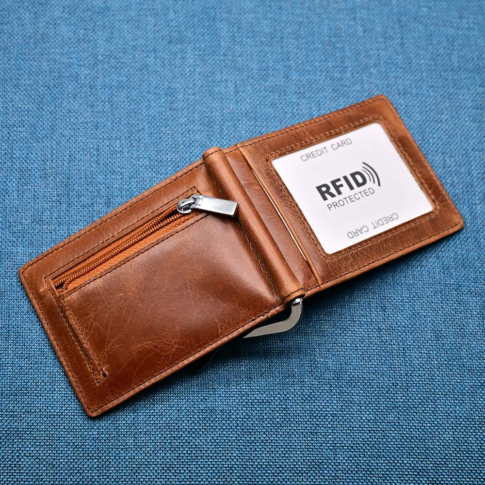 Genuine Leather Mens Wallet Money Clip Slim Bifold Credit Card Holder with Zipper Coin Pocket Vintage Male Cash Clamp Purse