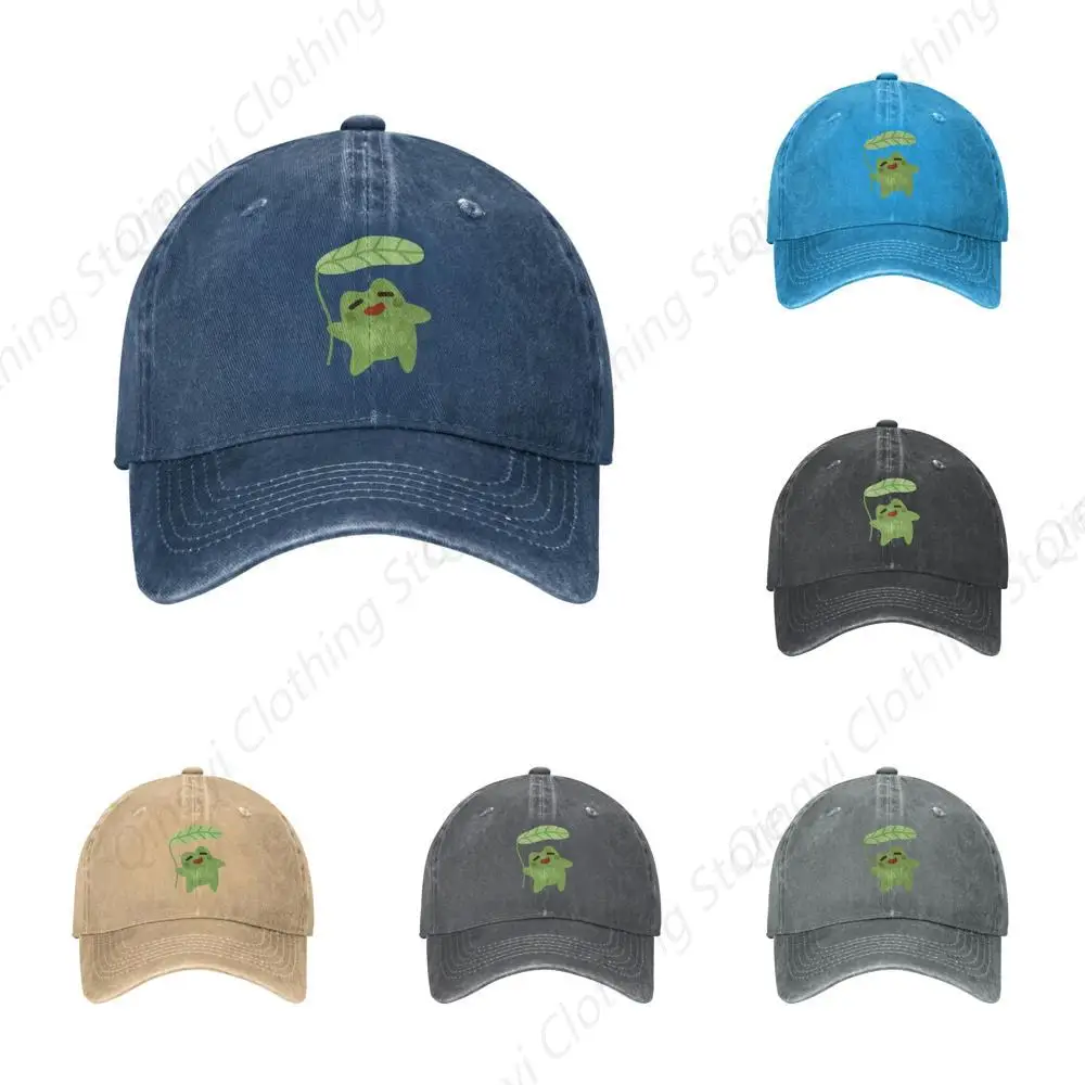 

Cute Funny Frog Leaf Navy Blue Vintage Distressed Adjustable Washed Denim Trucker Hat Black Fitted Baseball Ball Cap for Unisex