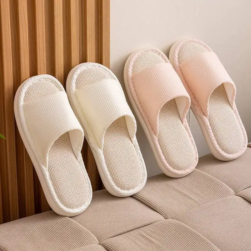 

Home Slippers Women's Waffle Linen Slippers Household Thick Soled Simple Cloth Cotton Linen Indoor Cool Slippers