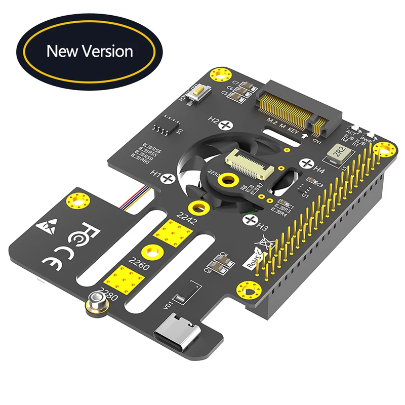 3 in 1 Combo M.2 NVMe to PCIe Adapter Support M Key 2230 2242 NVME SSD Cooler fan Automatic Discoloration LED for Raspberry Pi 5