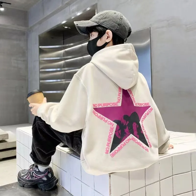 2025 Autumn Winter Boy's Mid-Large Size Gangsta Style Fleece Lined Hooded Sweatshirt Premium Streetwear Essential for Kids