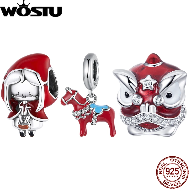 WOSTU 100% 925 スターリングシルバーダルラーナ馬チャームパワー勇気トーテムペンダントオリジナル女性のためのブレスレットレッドラッキーギフト