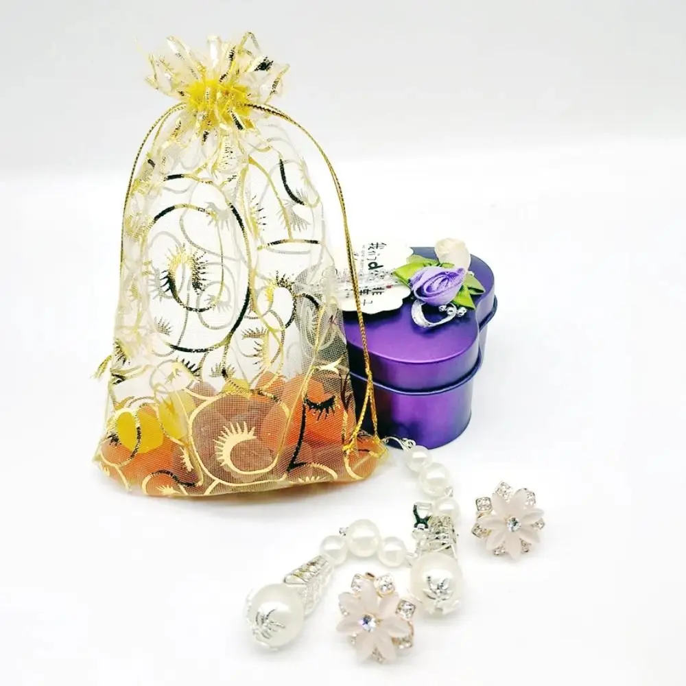 50/100pcs Organza Jewelry Pouches Wrap Gold 9*12cm 10*15cm Wedding Party Favor Gift Bag Drawstring Candy Gift Packing Bags