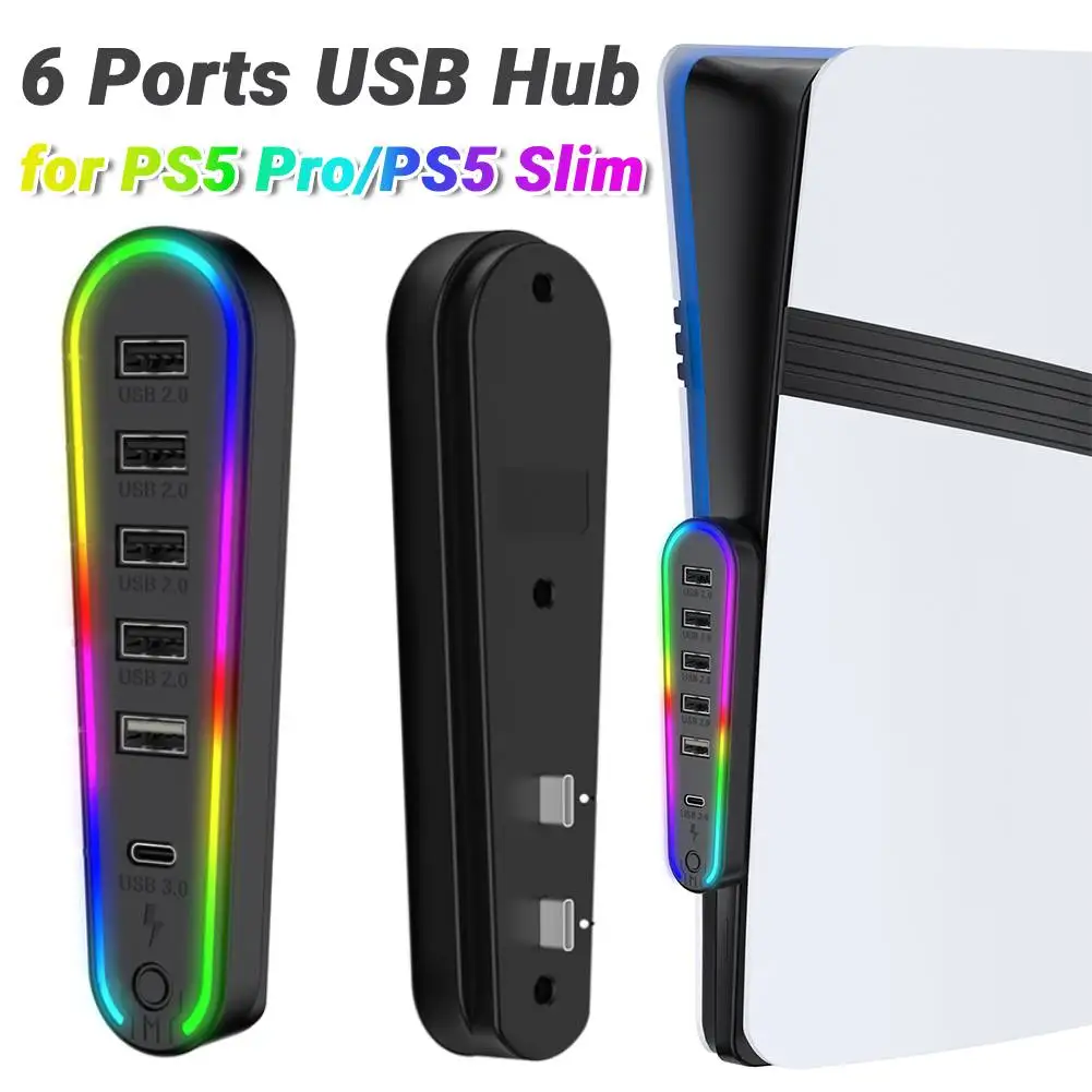 Hub USB 6 ports avec lumière RGB, extension USB, extension de transfert de données pour PlayStation 5 Pro/Slim, accessoires de jeu