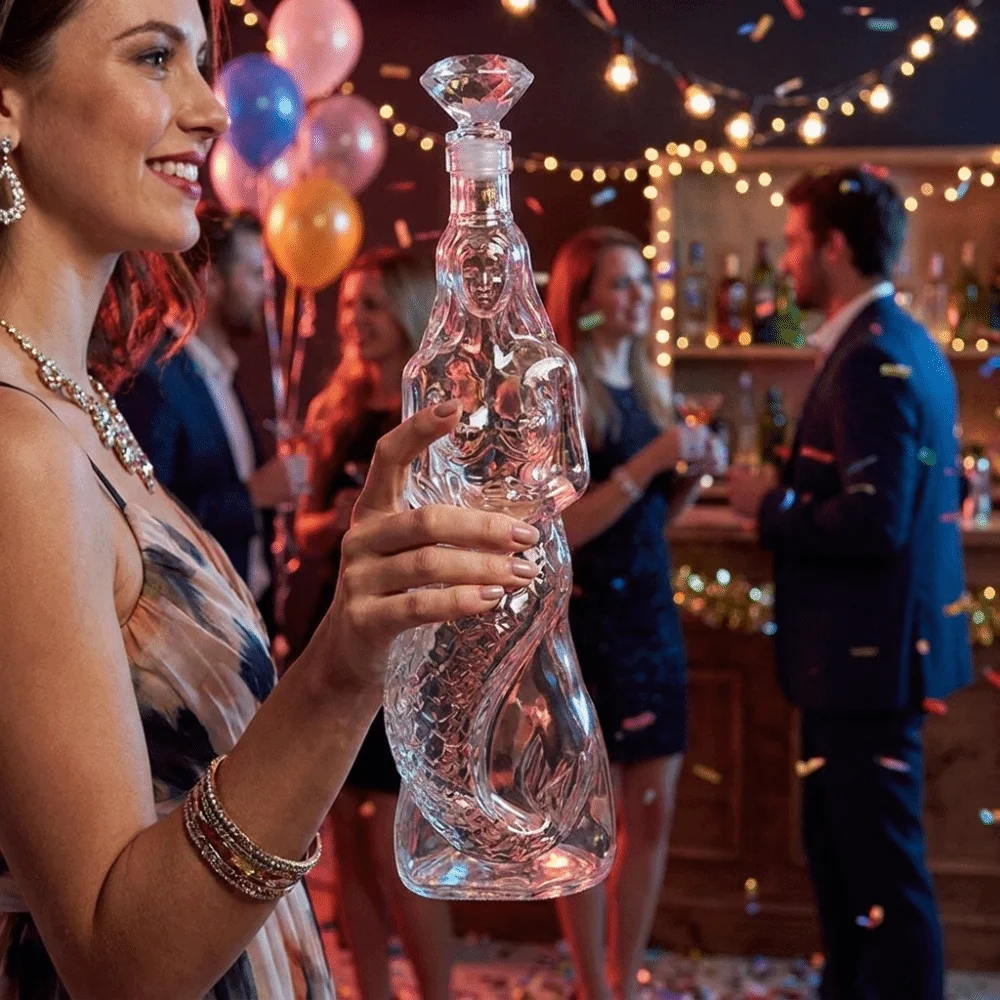 Empty Bottle Creative Mermaid Glass Bottle with Glass Stopper Artistic Design Whiskey Decanter Transparent Decorative Bottle Bar