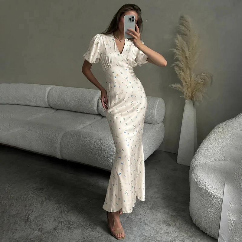 TARUXY Stylish Printed Maxi Dress Women Elegant Slim V-Neck Short-Sleeve Evening Dress Summer New Casual Commuter Female Dress image 6
