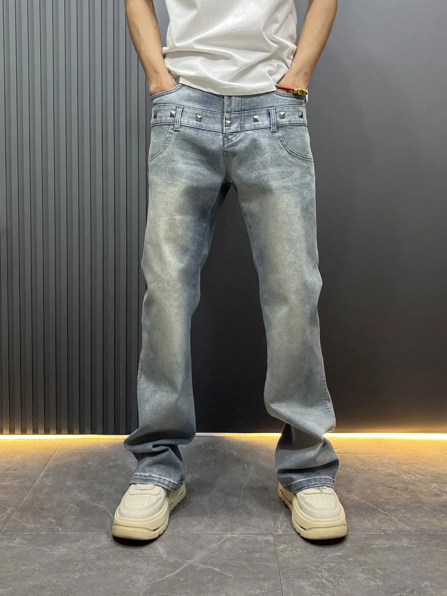 

American Retro Men's Straight Leg Jeans Spring 2026 Rivet Decorated Faded Slim High Street Casual Long Trousers