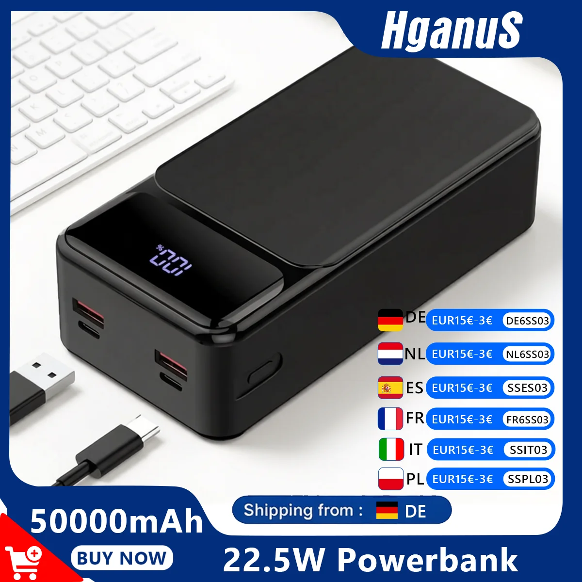 Image of 22,5 W schnelles Laden, 50000 mAh Powerbank, externe wiederaufladbare Batterie, Typ-C-Anschluss, Ladestation mit hoher Kapazität für IPh Xiaomi Samsung