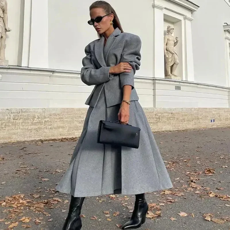 Elegant Grey Blazer Coat Skirt Suits Women Fashion Solid Lapel Full Sleeves Coat Long Pleated Skirt Set Autumn Chic Lady Outfits