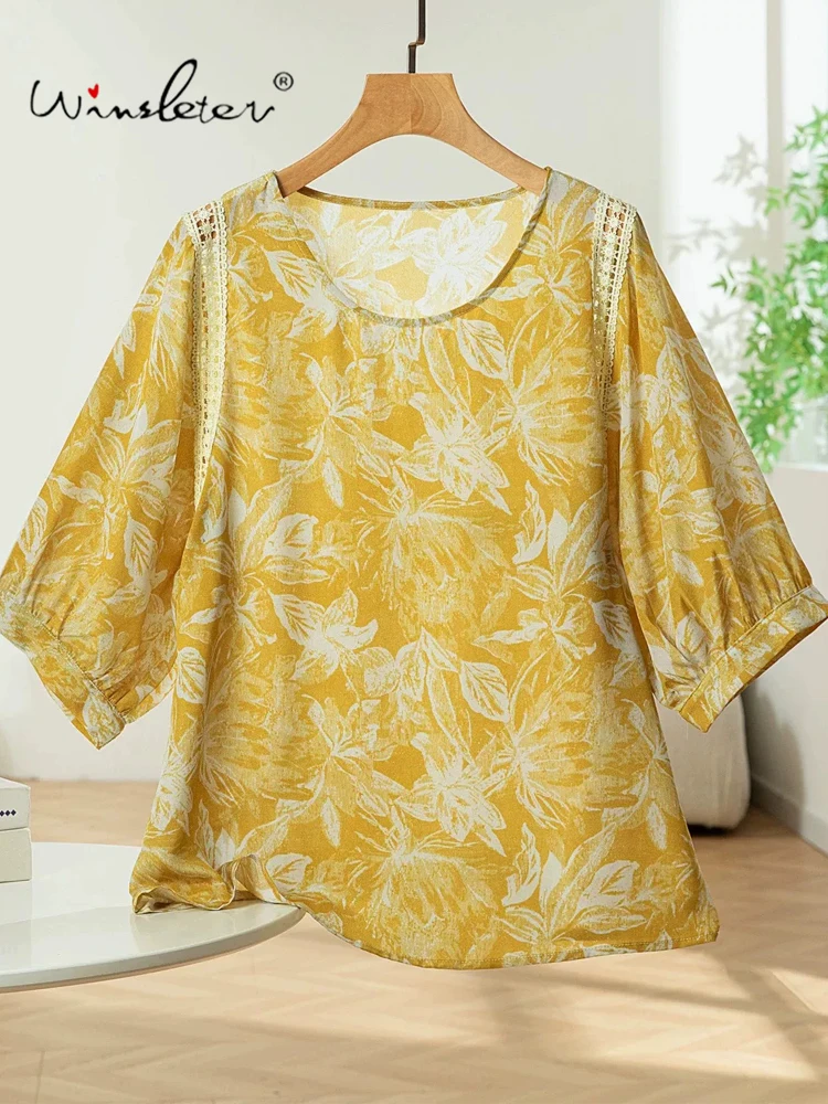 Winsleter-100%Real Silk Double Crepe Elegant T-Shirt, 3/4 Sleeve Print, Women French Lace Thin Loose Top, 2026 Summer T67303CC