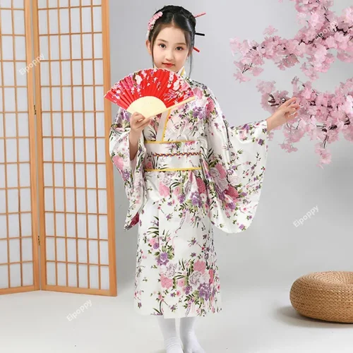 Vestido tipo kimono con estampado de flor de cerezo vibrante, conjuntos de kimono japonés para niñas, actuaciones escolares de cosplay tradicionales para el primaria
