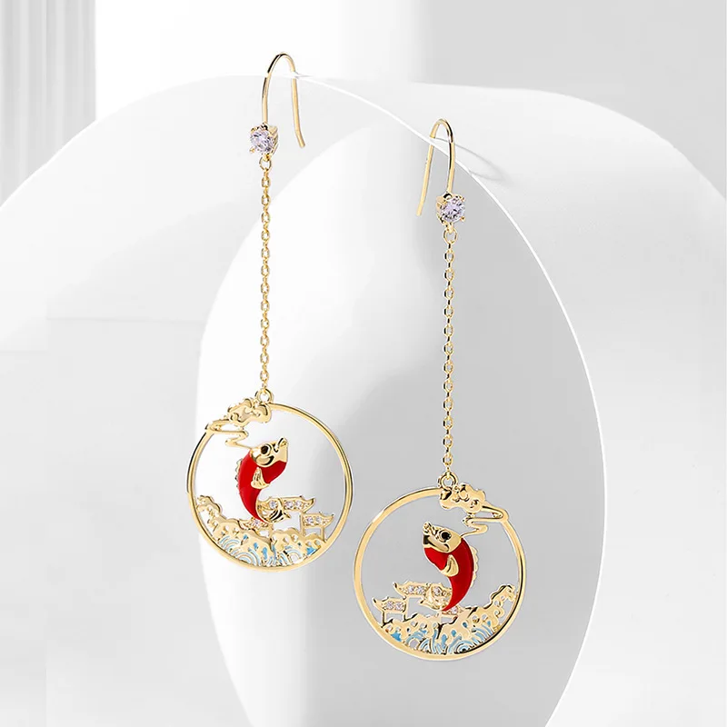 

Chinese style long earrings, female carp leaping over Longmen silver needle, slimming and simple retro red earrings, new trend
