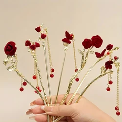 Romantic Rose Chinese Style Tassel Hair Clip Women's Fashion Handmade Hair Clip Exquisite Gift Women Hair Needle Hair Accessory