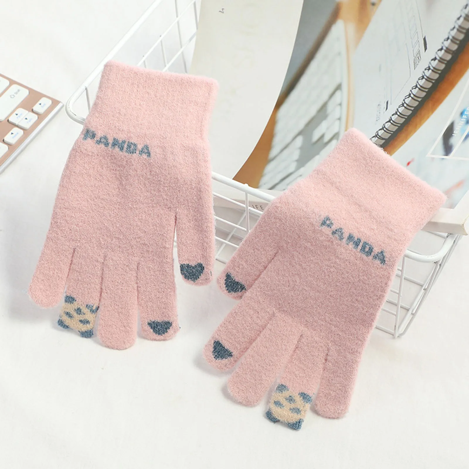 Kids Girls Split Finger Gloves Knitted Cartoon Gloves Plush Anti Cold Touch Screen Red Panda Pattern Gloves Winter Warm Style