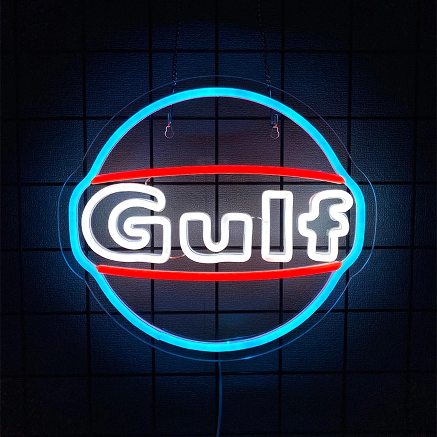 Gulf Letter Led Neon Lights, Garage Art Signs Usb Connection Power Supply, Men'S Caves, Garage Retro Signs, Business Decoration.