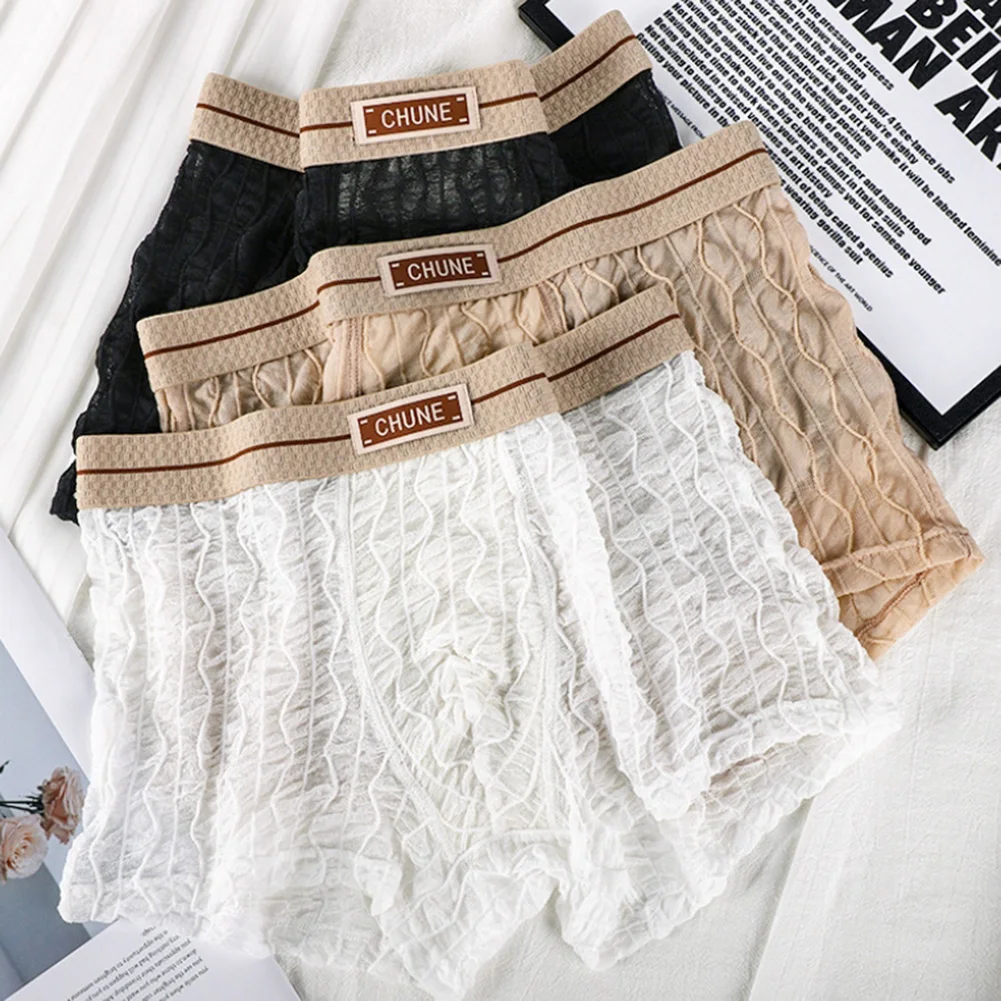 Men Perspective Textured Striped Boxer Shorts Thin Comfortable Mesh Underpants Boxers U Convex Pouch 3XL Underwear