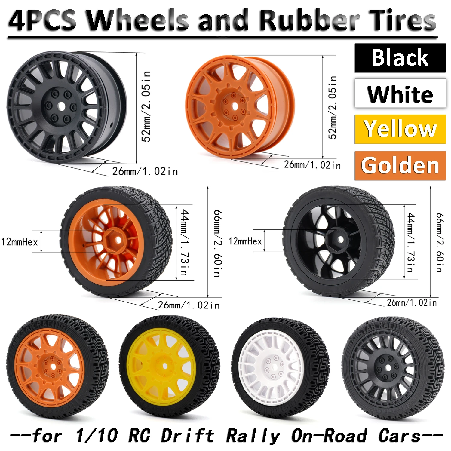 

4PCS 52mm/66mm Wheels and Rubber Tires 12mm Hex for 1/10 Traxxas HSP HPI RedCat Tamiya Kyosho Sakura RC Drift Rally On-Road Cars