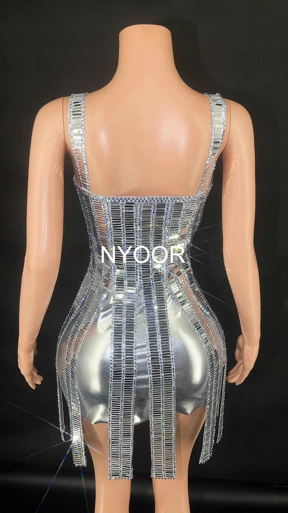 Błyszczące srebrne lustra w paski krótka sukienka dla kobiet seksowny kostium taneczny piosenkarka tancerz strój sceniczny strój do klubu nocnego