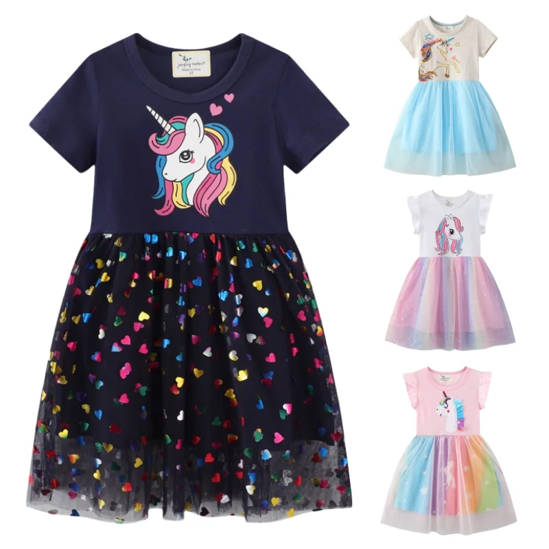 

1-7Y Girls Dress Toddler Short Sleeve Mesh Tunic Princess Summer Dresses For Kids Cotton Unicorn Casual Girls'Daily Clothes