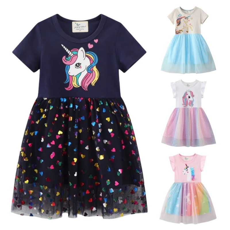 1-7Y Girls Dress Toddler Short Sleeve Mesh Tunic Princess Summer Dresses For Kids Cotton Unicorn Casual Girls'Daily Clothes